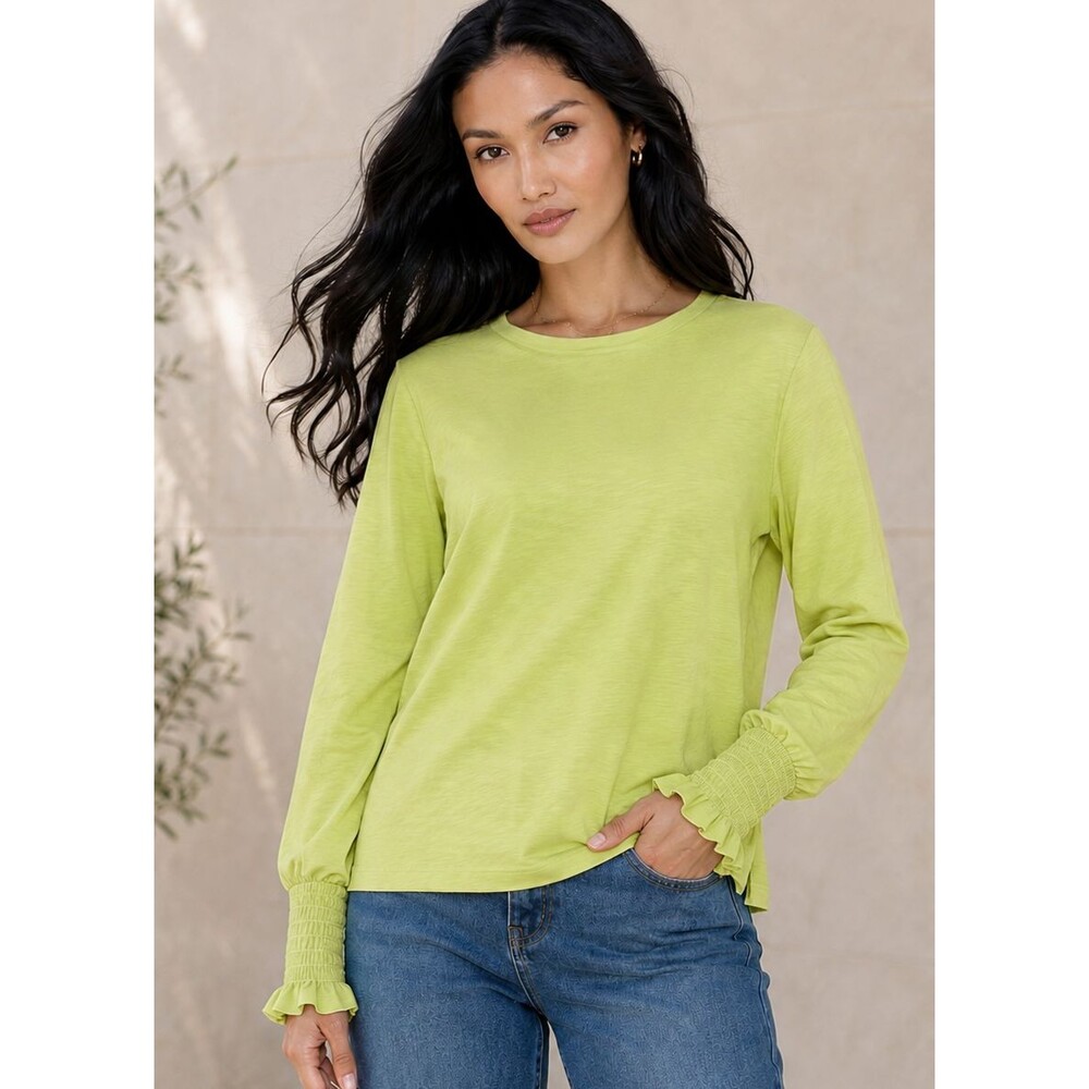 Lisa Todd Cuff Love Pop 100% Pima Cotton Smocked Ruffle Sleeve Citron Top L